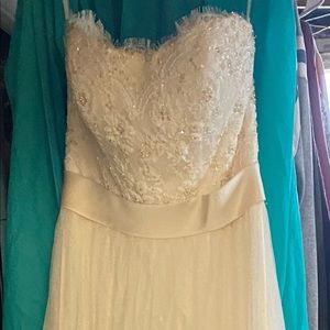 Never worn, unaltered, strapless, size 12, stored and cleaned hanging up.